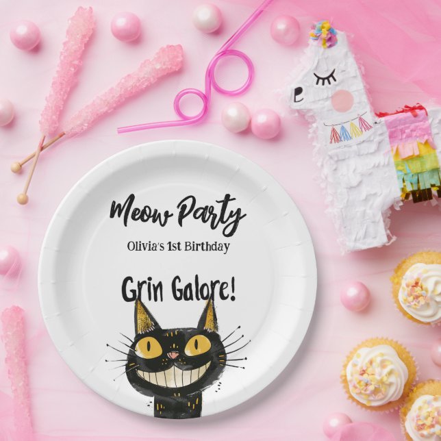 Funny Black Kitty Birthday Party Pappteller (Party)