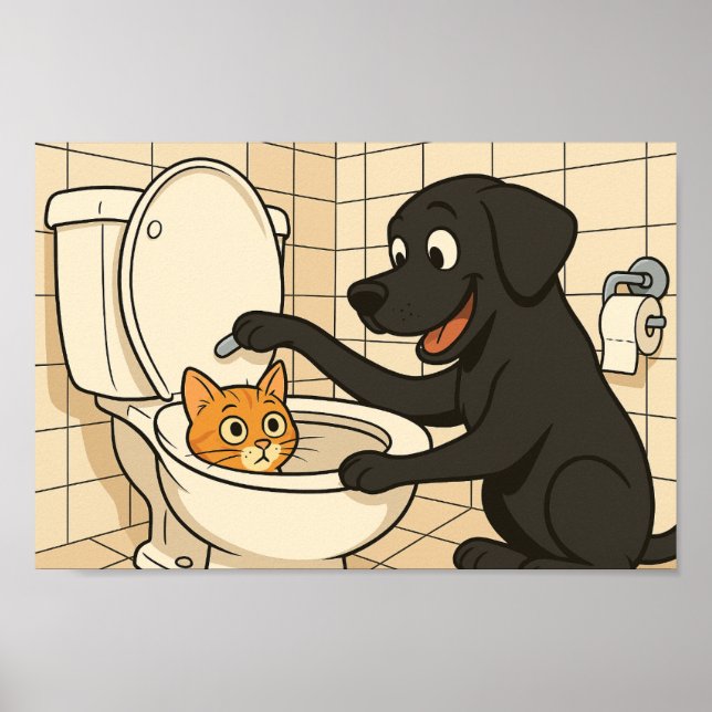Funny Black Labrador and Cat Bathroom Art  Poster (Vorne)