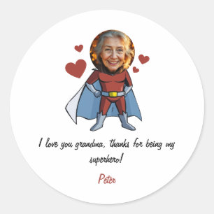 Funny Black & Maroon Cartoon Superhero Grandma Runder Aufkleber