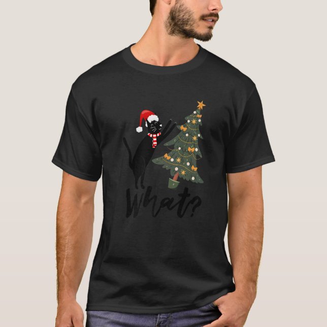 Funny Black Niedlich Cat Pushing Christmas Tree üb T-Shirt (Vorderseite)