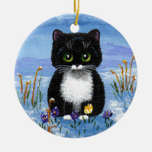 Funny Black Tuxedo Cat Winter Schnee Kreationarts Keramik Ornament