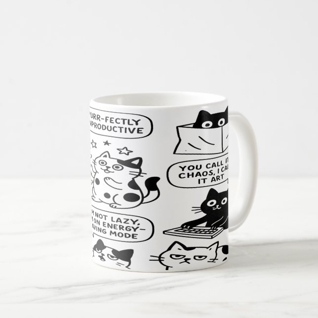 Funny Black & White Cat Pattern Tasse (VorderseiteRechts)