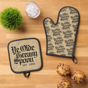 Funny Blackletter Script Ye Olde Greasy Spoon Ofenhandschuh & Topflappen-Set