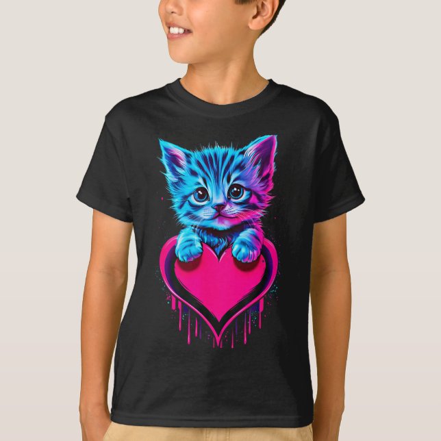 Funny Blacklight Glitch Art Cute Cat Kitten Valent T-Shirt (Vorderseite)