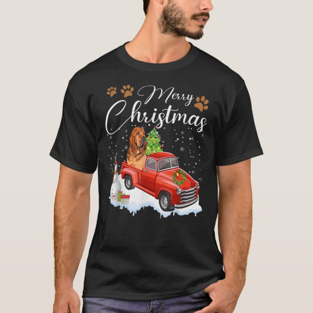 Funny Bloodhound Dog Snow Red Truck Christmas Xmas T-Shirt (Vorderseite)