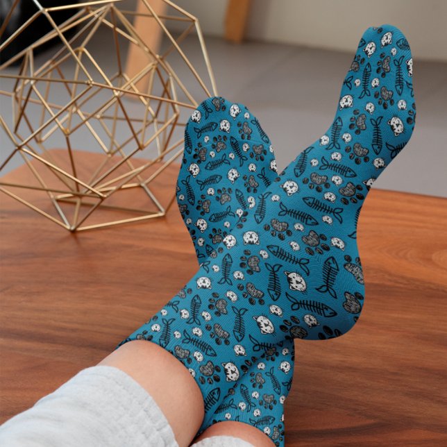 Funny Blue Black and White Cats Zeichnend Socken (Von Creator hochgeladen)