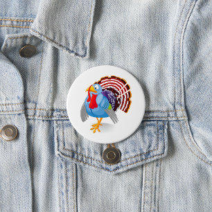 Funny Blue Cartoon Türkei mit Patriotic Feathers Button