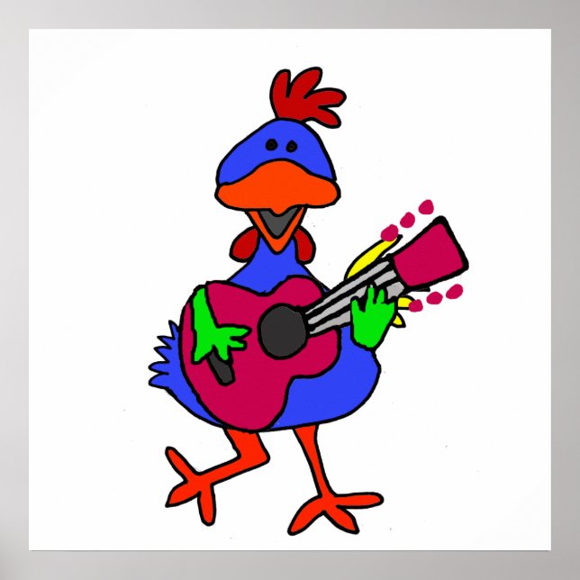 Funny Blue Chicken Lila Gitarre spielen Poster (Vorne)