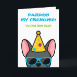 Funny Blue French Bulldog Frenchie Birthday Card Karte<br><div class="desc">Wenn Sie jemanden kennen, der französische Bullhunde Lieben hat und einen guten Spaß hat, ist diese lustige Geburtstagskarte ideal, um sie an ihrem besonderen Tag zu schicken. Das Design zeigt eine Cartoon-Art-Abbildung eines blauen französischen Bulldoggen mit einem Party Hut und Sonnenbrille mit der Aufschrift "Verzeihen Sie meinen Franzosen! Du bist...</div>