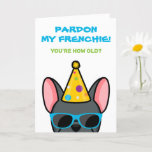 Funny Blue French Bulldog Frenchie Birthday Card Karte<br><div class="desc">Wenn Sie jemanden kennen, der französische Bullhunde Lieben hat und einen guten Spaß hat, ist diese lustige Geburtstagskarte ideal, um sie an ihrem besonderen Tag zu schicken. Das Design zeigt eine Cartoon-Art-Abbildung eines blauen französischen Bulldoggen mit einem Party Hut und Sonnenbrille mit der Aufschrift "Verzeihen Sie meinen Franzosen! Du bist...</div>