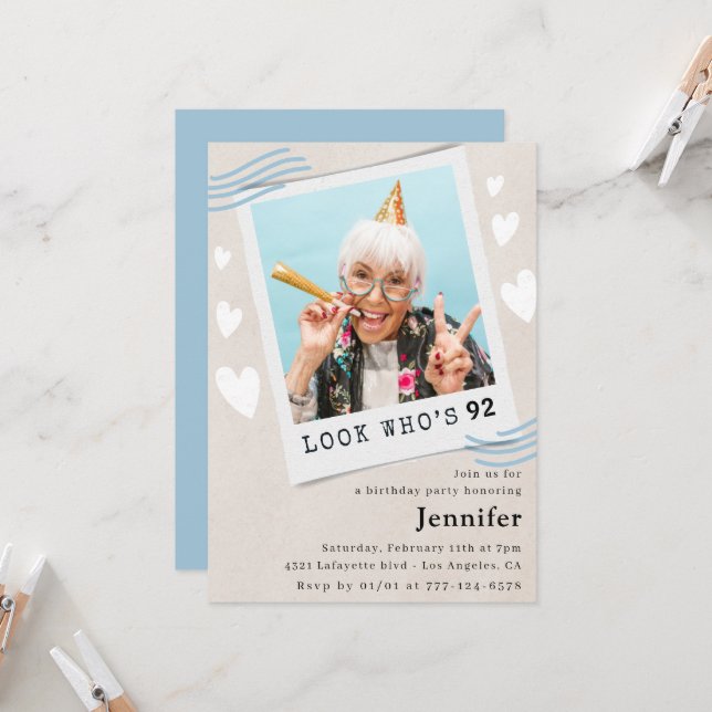 Funny Blue Look, 92 Foto 92. Geburtstag Einladung (Vorderseite/Rückseite Beispiel)