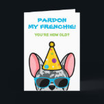 Funny Blue Merle French Bulldog Frenchie Birthday Karte<br><div class="desc">Wenn Sie jemanden kennen, der französische Bullhunde Lieben hat und einen guten Spaß hat, ist diese lustige Geburtstagskarte ideal, um sie an ihrem besonderen Tag zu schicken. Das Design zeigt eine Cartoon-Art-Abbildung eines blauen, mergelfarbenen französischen Bulldoggen mit einem Party Hut und Sonnenbrille mit der Formulierung "Verzeihen Sie meine Franzosen! Du...</div>