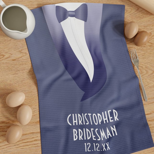 Funny Blue Tuxedo Wedding Bow Krawatte Handtuch (Treat your Bridesman to this tuxedo kitchen towel. Just add his name and your wedding date. )