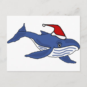 Funny Blue Whale in Weihnachtsmannmütze Weihnachte Feiertagspostkarte