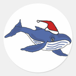 Funny Blue Whale in Weihnachtsmannmütze Weihnachte Runder Aufkleber