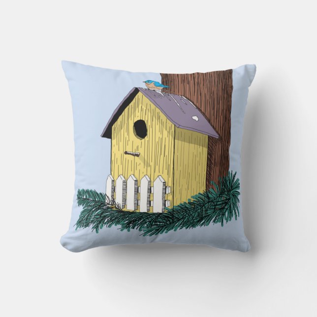 Funny Bluebird über Birdhouse Kissen (Vorderseite)