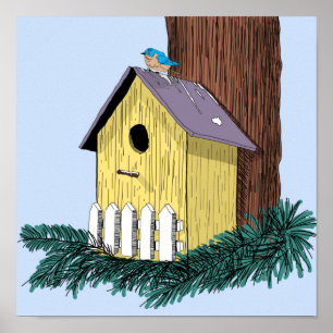 Funny Bluebird über Birdhouse Poster