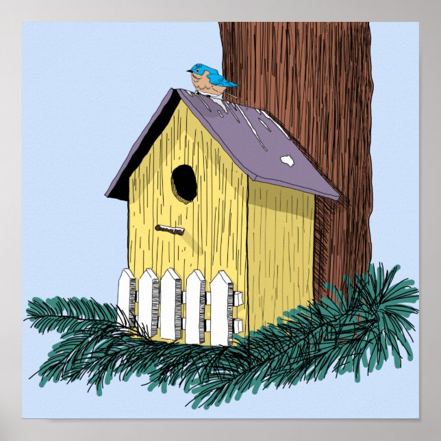Funny Bluebird über Birdhouse Poster (Vorne)