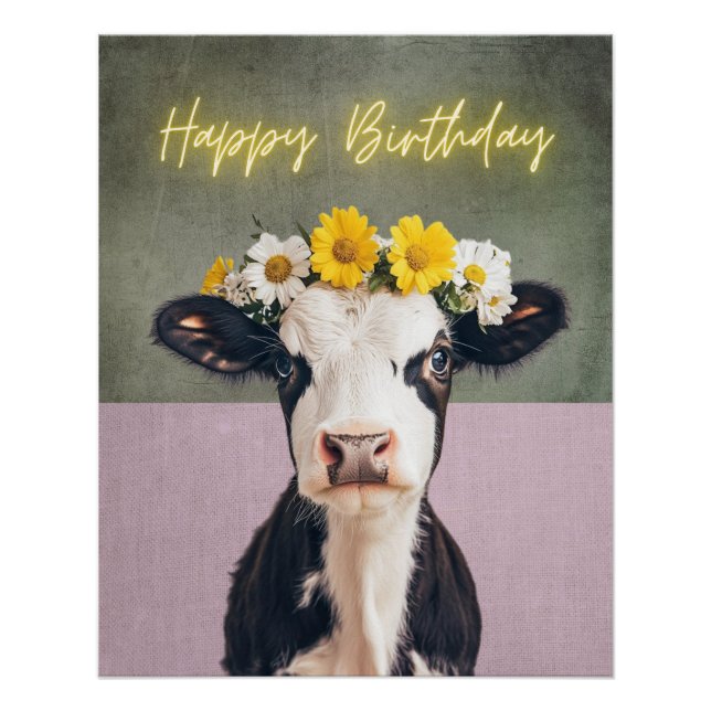 Funny Blume Kuh Geburtstag Poster (Vorderseite)
