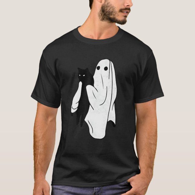 Funny Boo Ghost Holding Black Cat Halloween Spooky T-Shirt (Vorderseite)