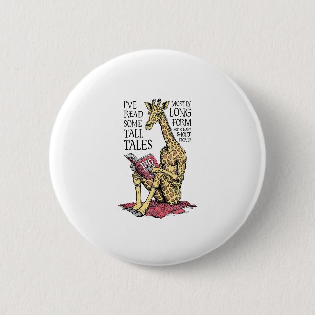 Funny Book Lover Giraffe Long Form Tall Tales Lese Button (Vorderseite)