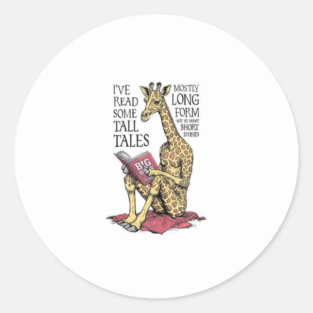 Funny Book Lover Giraffe Long Form Tall Tales Lese Runder Aufkleber (Vorderseite)