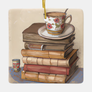 Funny Book Pub   Bücher und Weihnachtskaffee Keramikornament