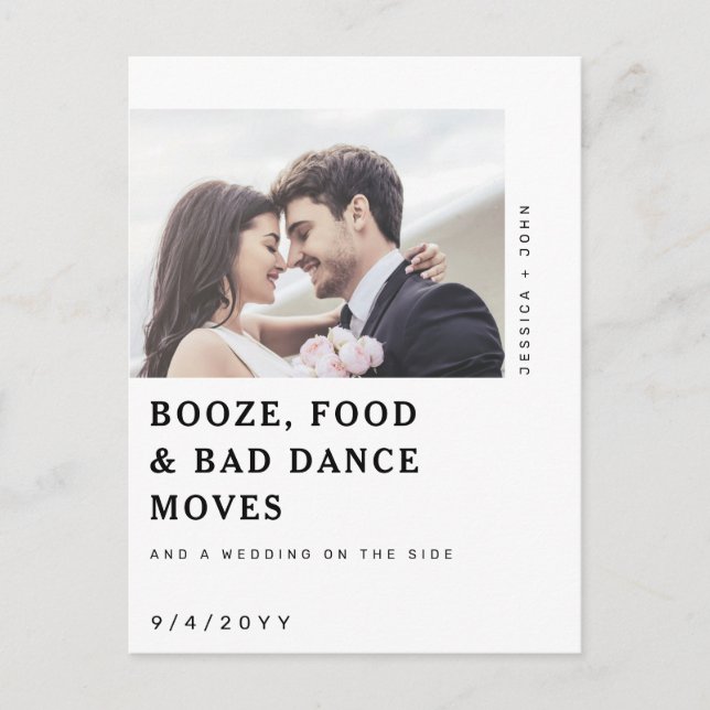 Funny Booze, Food-Foto Hochzeit retten das Datum Postkarte (Vorderseite)