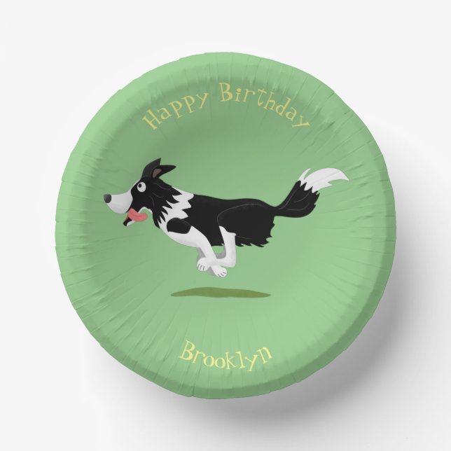 Funny Border Collie Hund läuft Cartoon Pappteller (Vorderseite)