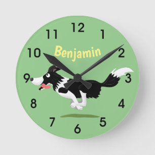 Funny Border Collie Hund läuft Cartoon Round Cloc Runde Wanduhr
