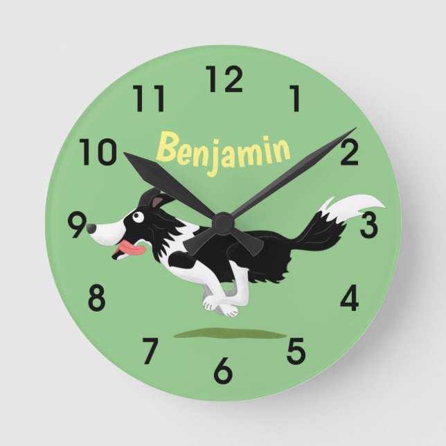 Funny Border Collie Hund läuft Cartoon Round Cloc Runde Wanduhr (Vorderseite)