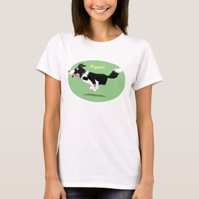 Funny Border Collie Hund läuft Cartoon T-Shirt (Vorderseite)