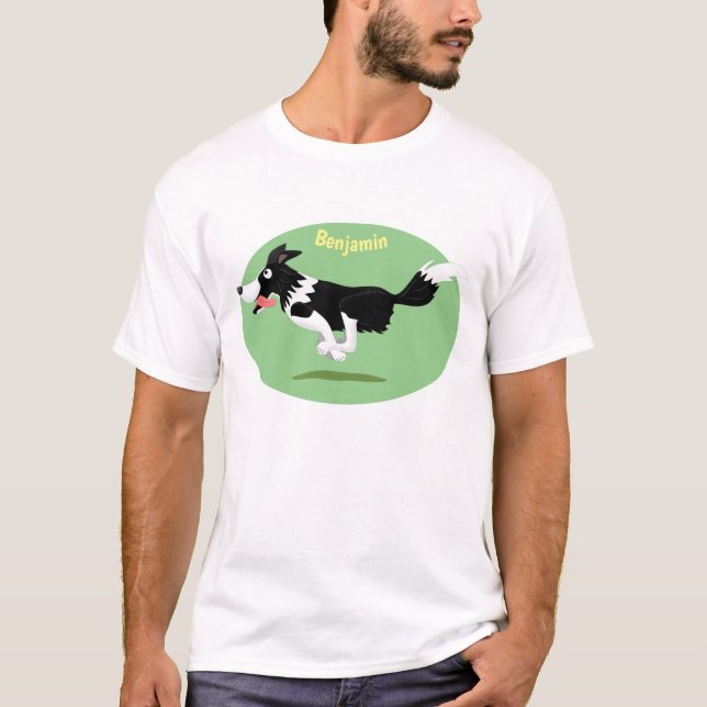 Funny Border Collie Hund läuft Cartoon T-Shirt (Vorderseite)