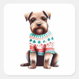 Funny Border Terrier in Weihnachten Sweater Quadratischer Aufkleber