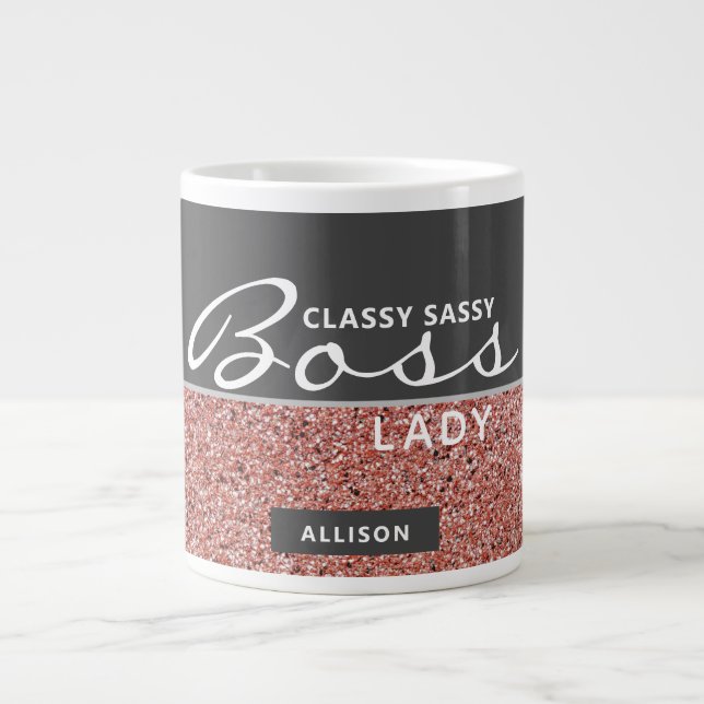 Funny Boss Lady Rose Gold Pink Glitzer Name Jumbo-Tasse (Vorderseite)