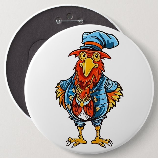 Funny Bossy Cartoon Rooster Button (Vorne & Hinten)