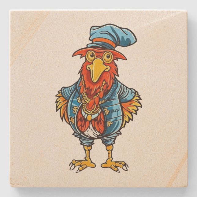 Funny Bossy Cartoon Rooster Steinuntersetzer (Vorderseite)