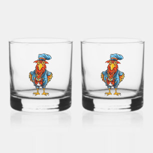 Funny Bossy Cartoon Rooster Whiskyglas