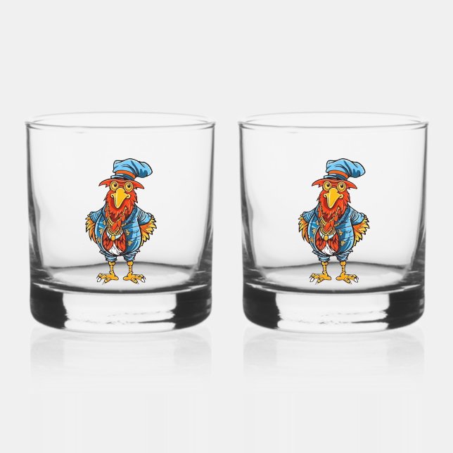 Funny Bossy Cartoon Rooster Whiskyglas (Vorderseite)