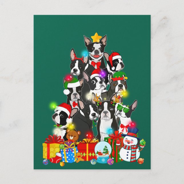Funny Boston Terrier Christmas Tree Lights Welpe Postkarte (Vorderseite)