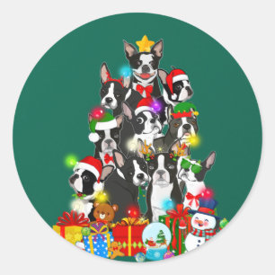 Funny Boston Terrier Christmas Tree Lights Welpe Runder Aufkleber