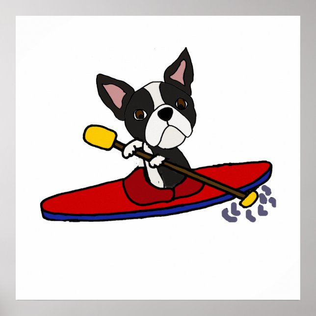 Funny Boston Terrier Dog Kayaking Cartoon Poster (Vorne)