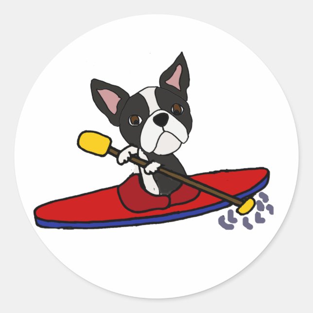 Funny Boston Terrier Dog Kayaking Cartoon Runder Aufkleber (Vorderseite)