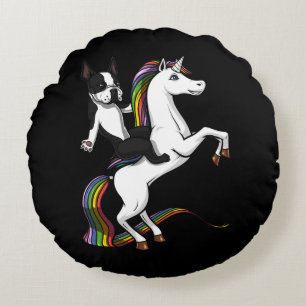 Funny Boston Terrier Dog Riding Unicorn Rundes Kissen
