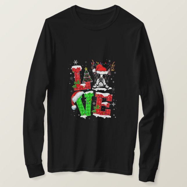 Funny Boston Terrier Dog Tree Christmas Lights Xma T-Shirt (Design vorne)