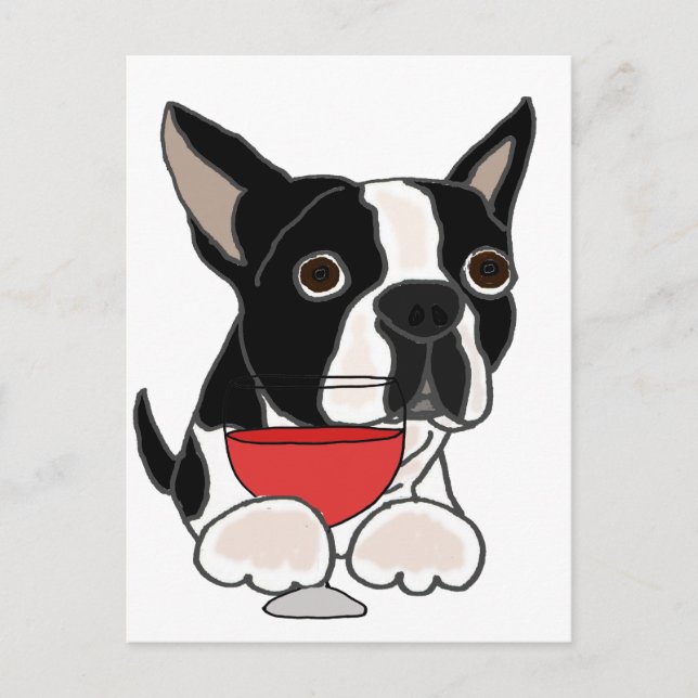 Funny Boston Terrier Dog Trinken Weinkultur und Er Postkarte (Vorderseite)