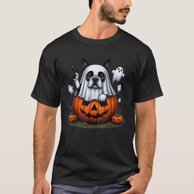 Funny Boston Terrier Ghost Boo Halloween Womens Me T-Shirt (Vorderseite)