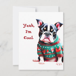 Funny Boston Terrier in Weihnachts-Sweater Feiertagskarte