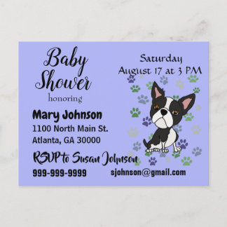 Funny Boston Terrier und Paw Prints Baby Dusche Einladungspostkarte