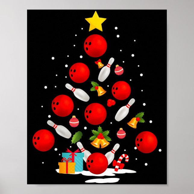 Funny Bowling Christmas Tree Lights Xmas Men Women Poster (Vorne)